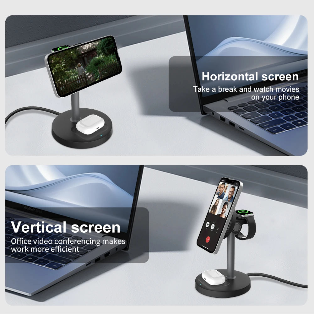 15W Fast Wireless Charger Stand 3-in-1 Magnetic Wireless Charger For iPhone 12-16 Series iWatch And AirPods Adjustable Angle