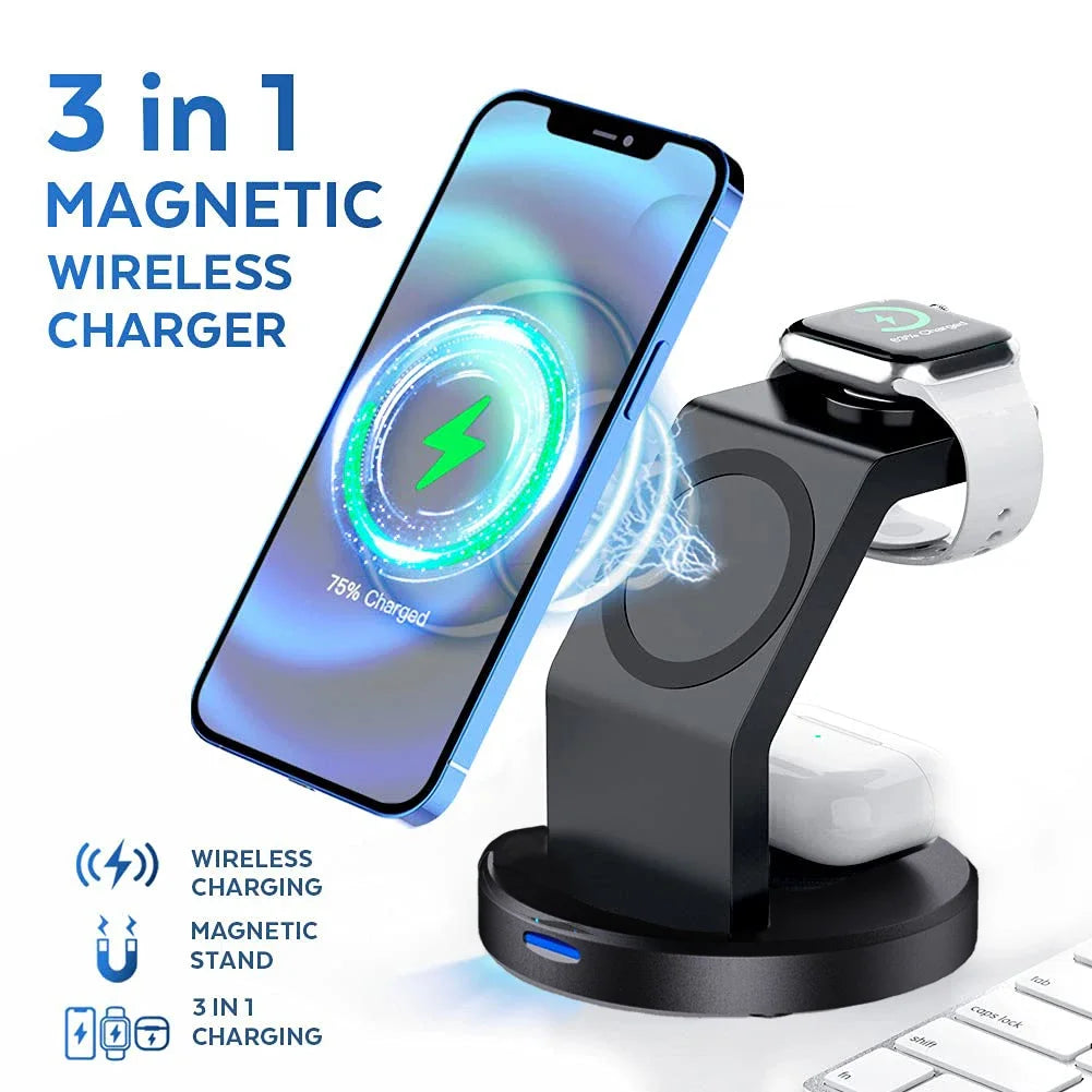 3 In 1 Magnetic Wireless Charger Stand For iPhone 17 16 15 14 13 12 Pro Max iWatch AirPods Station MagSafe Fast Charging Station