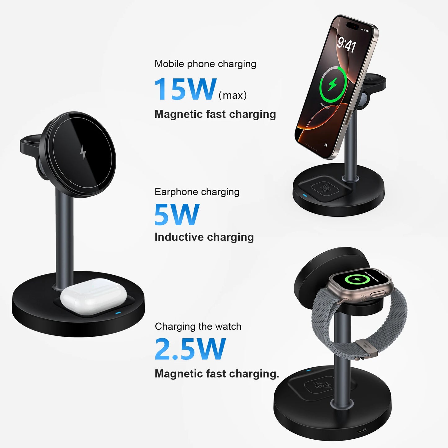 15W Fast Wireless Charger Stand 3-in-1 Magnetic Wireless Charger For iPhone 12-16 Series iWatch And AirPods Adjustable Angle