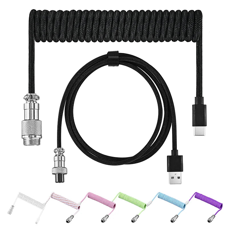 Coiled Keyboard Cable Type C To USB-A Mechanical Keyboard Cable Detachable Metal Aviator Double Sleeved Wire For Gaming Keyboard