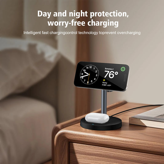 15W Fast Wireless Charger Stand 3-in-1 Magnetic Wireless Charger For iPhone 12-16 Series iWatch And AirPods Adjustable Angle