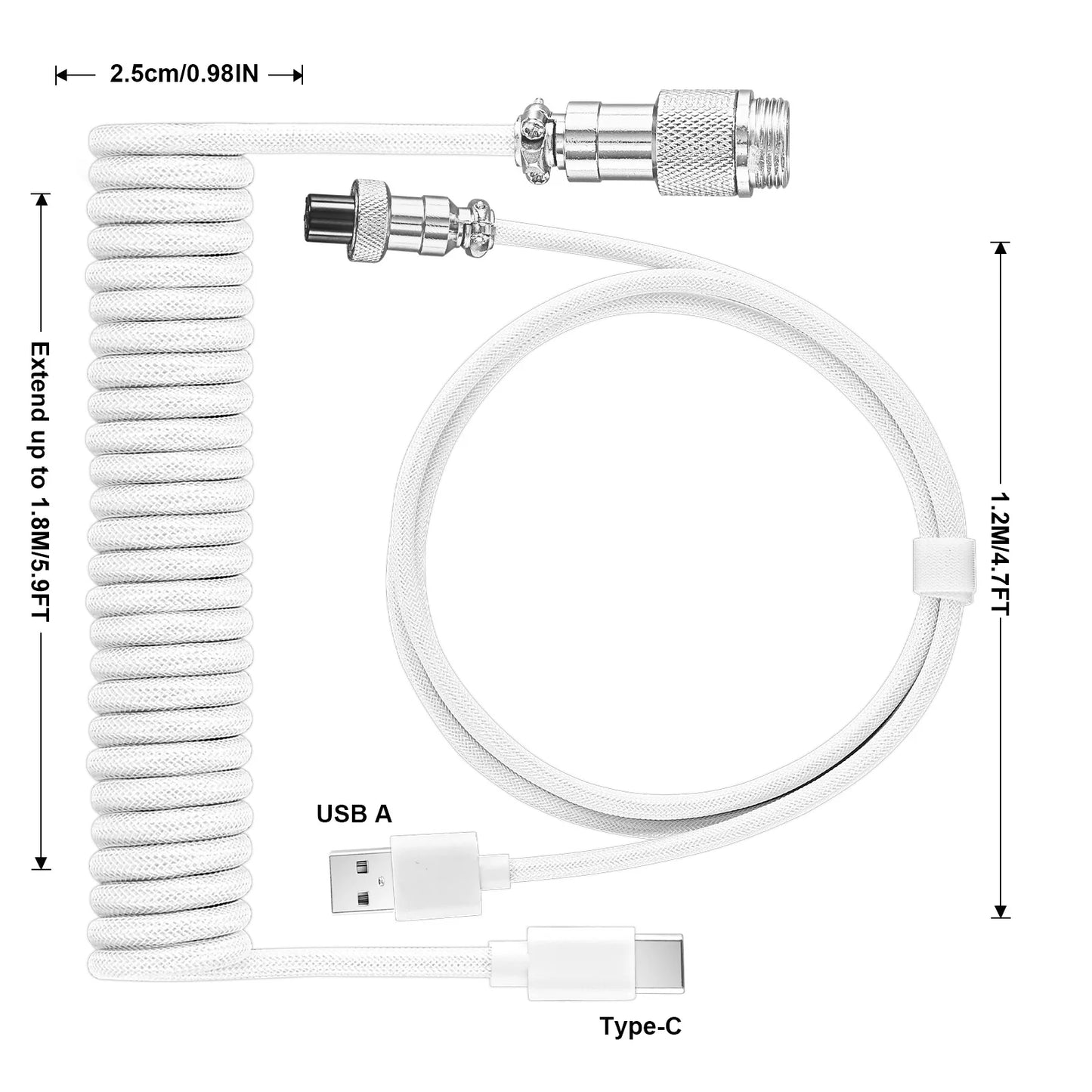 Coiled Keyboard Cable Type C To USB-A Mechanical Keyboard Cable Detachable Metal Aviator Double Sleeved Wire For Gaming Keyboard