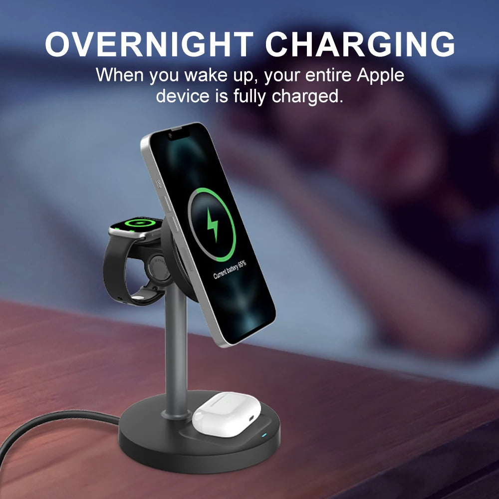 15W Fast Wireless Charger Stand 3-in-1 Magnetic Wireless Charger For iPhone 12-16 Series iWatch And AirPods Adjustable Angle