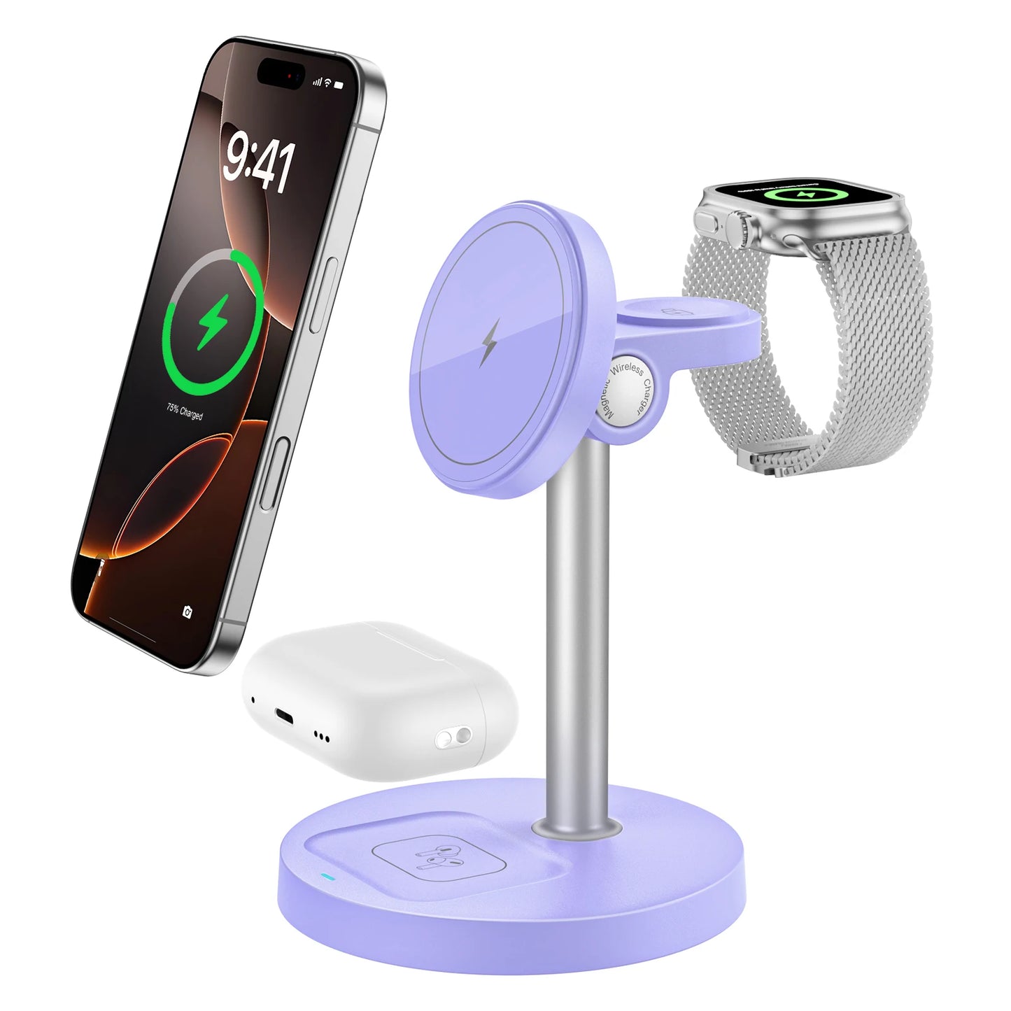 15W Fast Wireless Charger Stand 3-in-1 Magnetic Wireless Charger For iPhone 12-16 Series iWatch And AirPods Adjustable Angle
