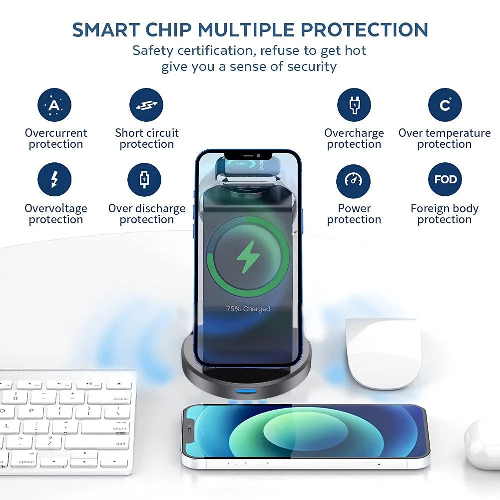 3 In 1 Magnetic Wireless Charger Stand For iPhone 17 16 15 14 13 12 Pro Max iWatch AirPods Station MagSafe Fast Charging Station