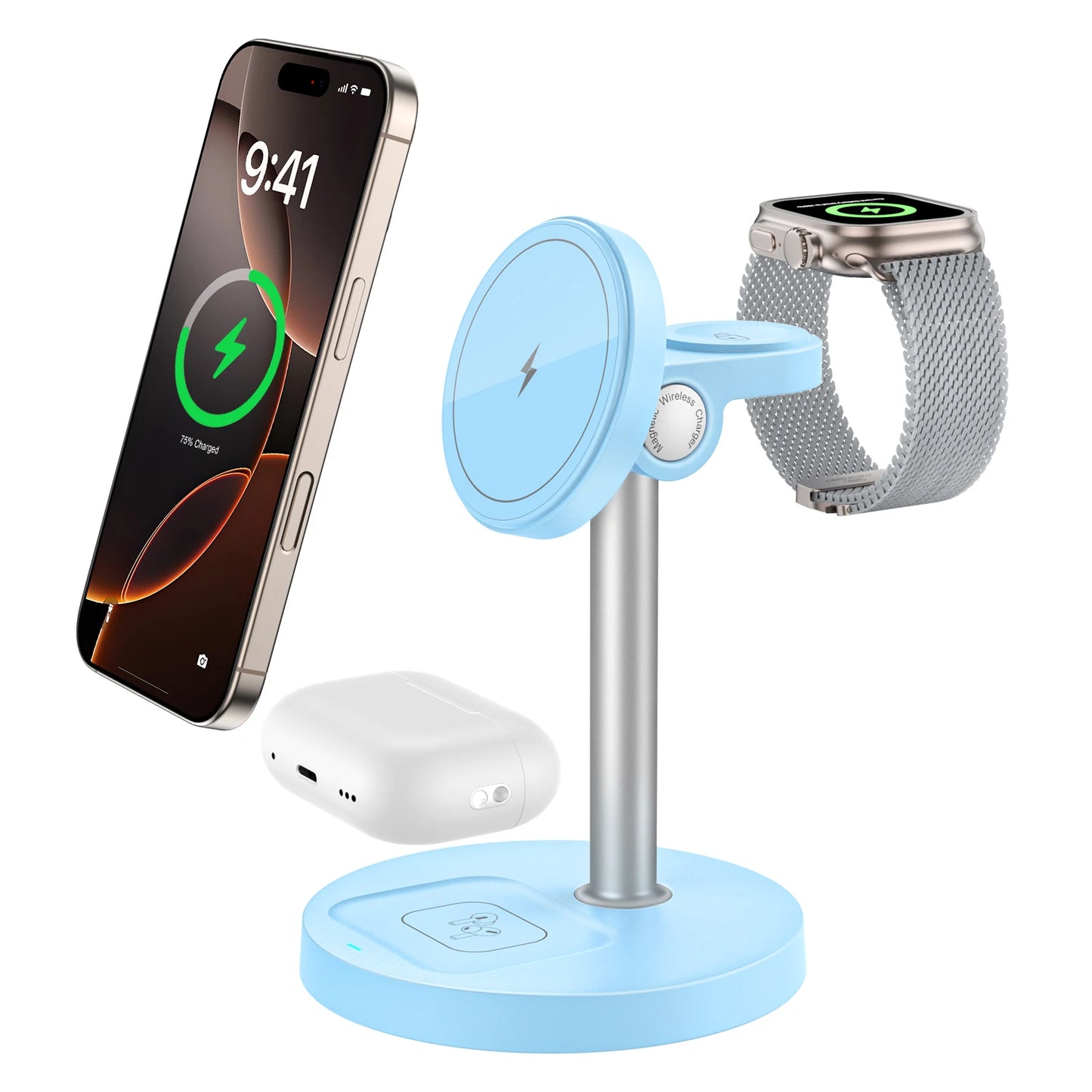 15W Fast Wireless Charger Stand 3-in-1 Magnetic Wireless Charger For iPhone 12-16 Series iWatch And AirPods Adjustable Angle